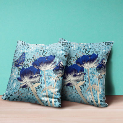 18" X 18" Blue and Gray Butterfly Broadcloth Floral Zippered Pillow