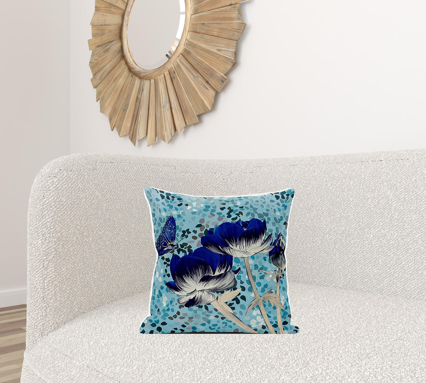 18" X 18" Blue and Gray Butterfly Broadcloth Floral Zippered Pillow