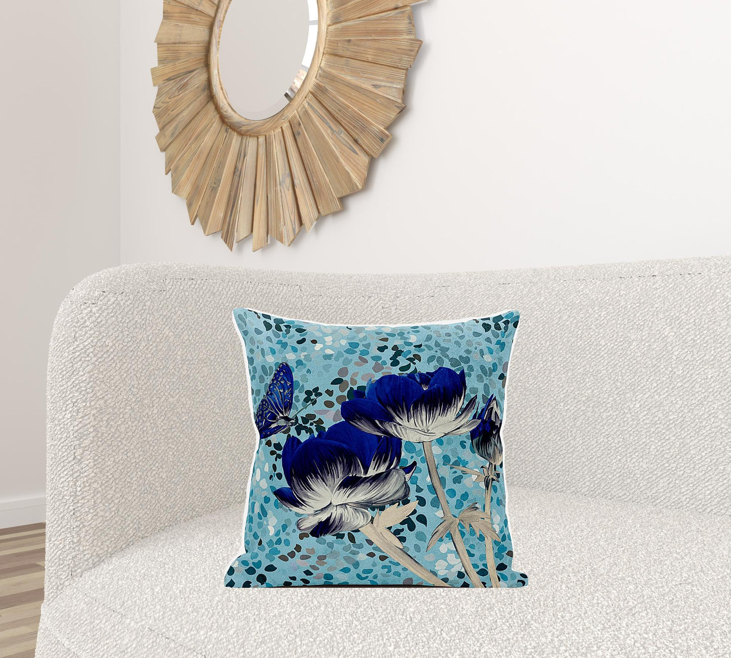 20" X 20" Blue and Gray Butterfly Broadcloth Floral Zippered Pillow