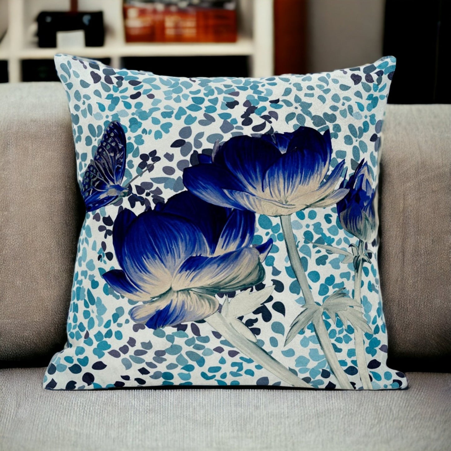 16" X 16" Blue and Off White Butterfly Broadcloth Floral Zippered Pillow