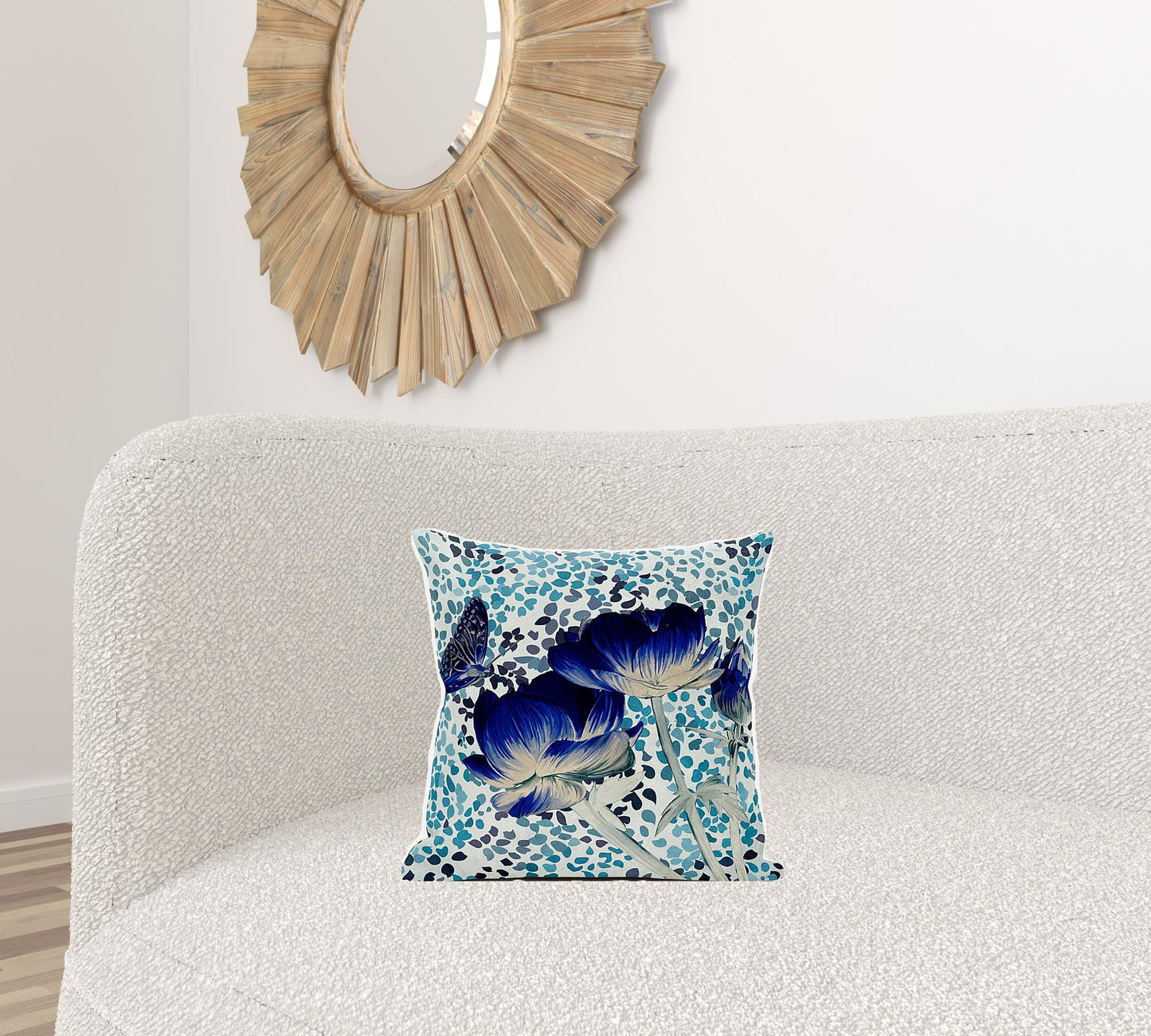 16" X 16" Blue and Off White Butterfly Broadcloth Floral Zippered Pillow