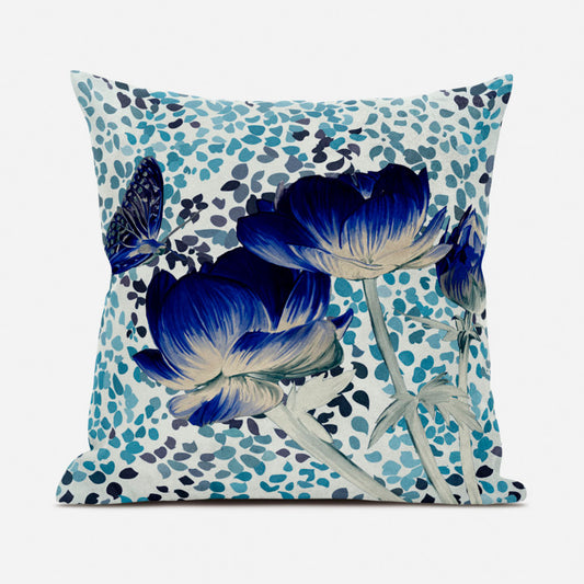 18" X 18" Blue and Off White Butterfly Broadcloth Floral Zippered Pillow