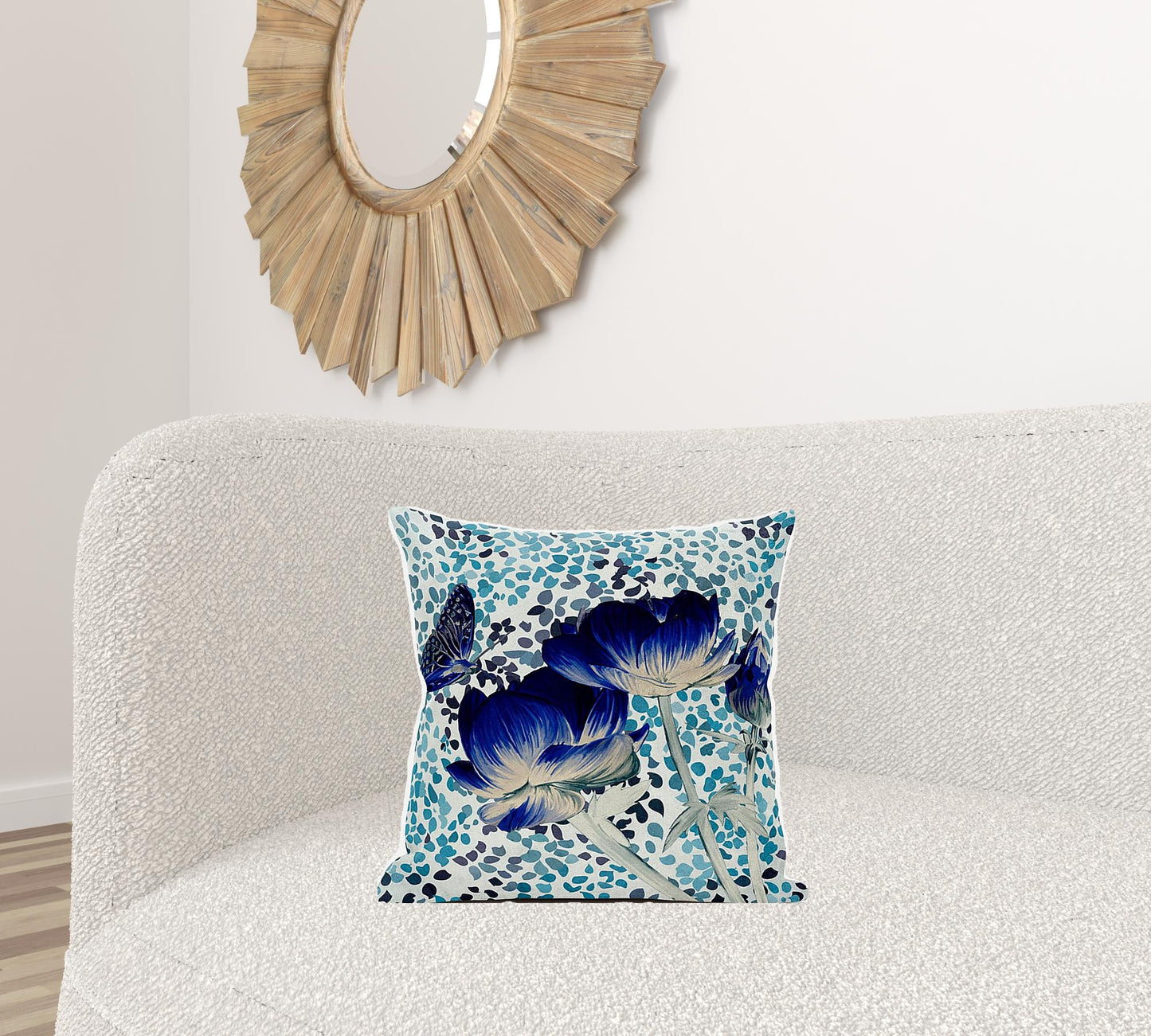 18" X 18" Blue and Off White Butterfly Broadcloth Floral Zippered Pillow