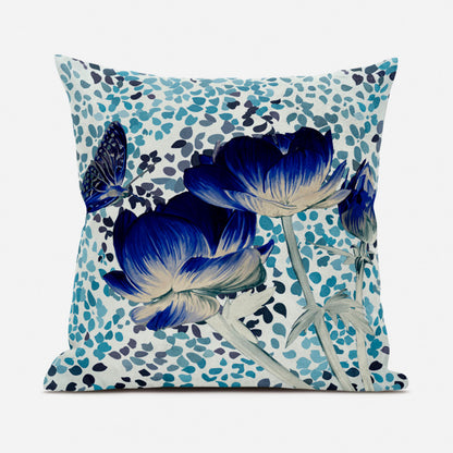 20" X 20" Blue and Off White Butterfly Broadcloth Floral Zippered Pillow
