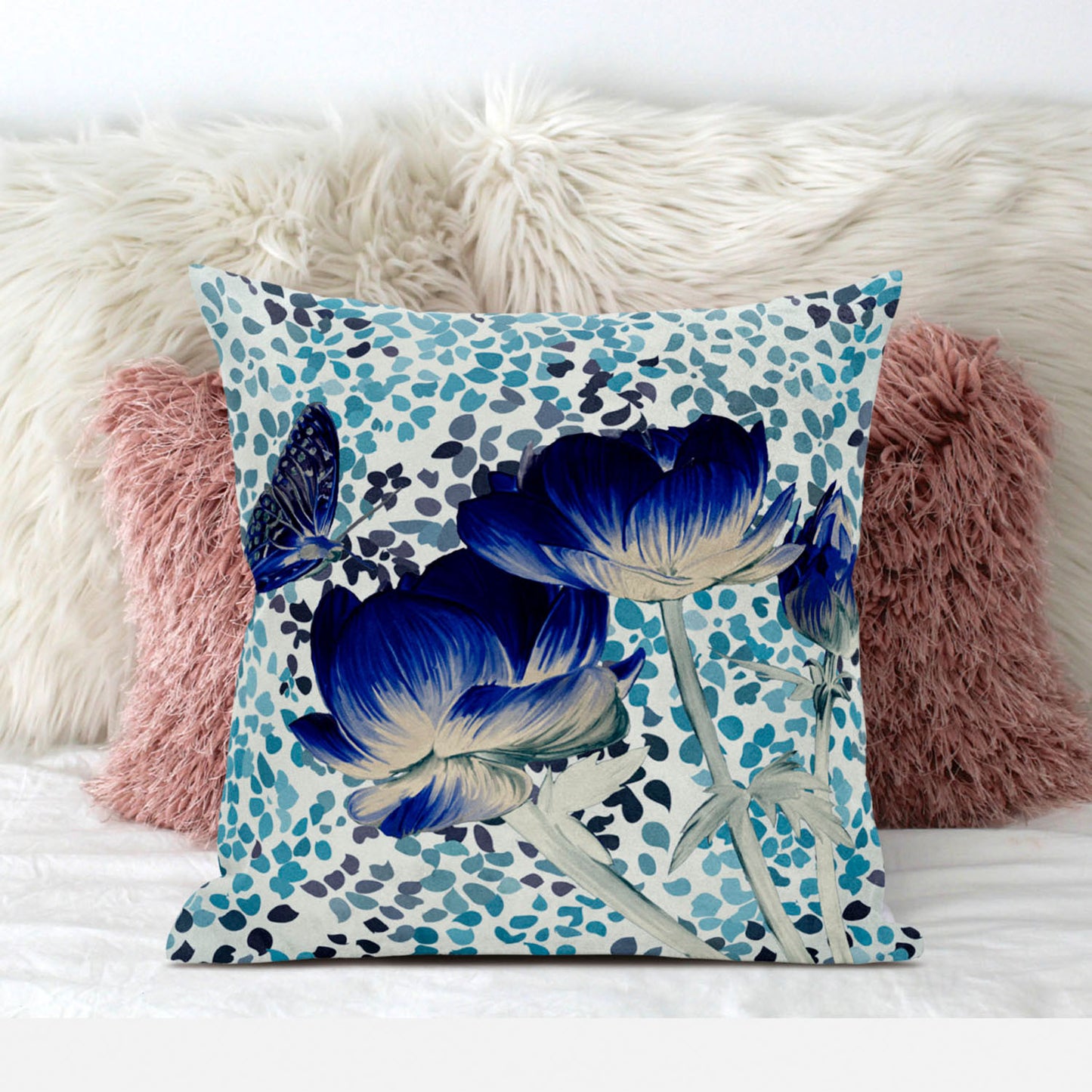 20" X 20" Blue and Off White Butterfly Broadcloth Floral Zippered Pillow
