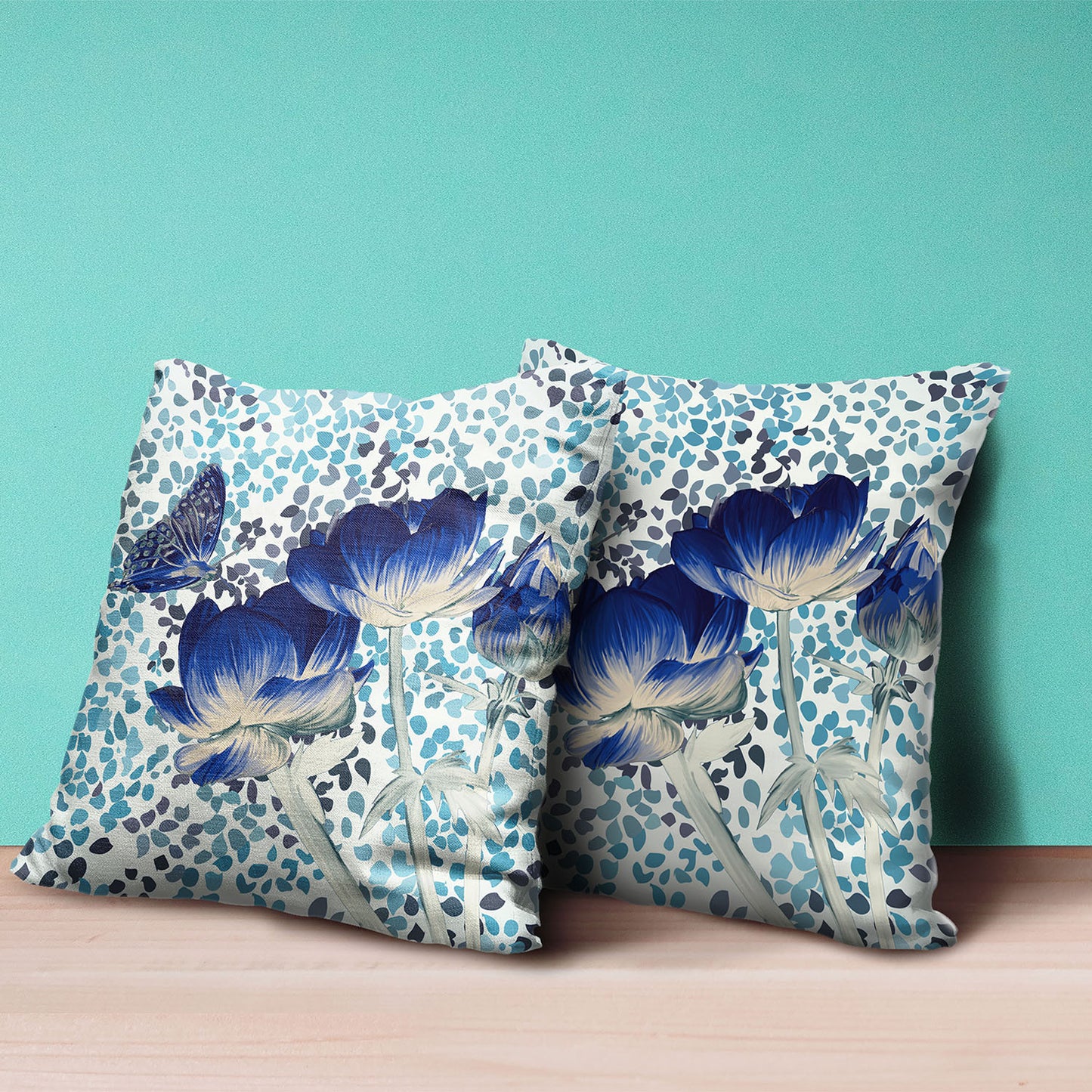 20" X 20" Blue and Off White Butterfly Broadcloth Floral Zippered Pillow