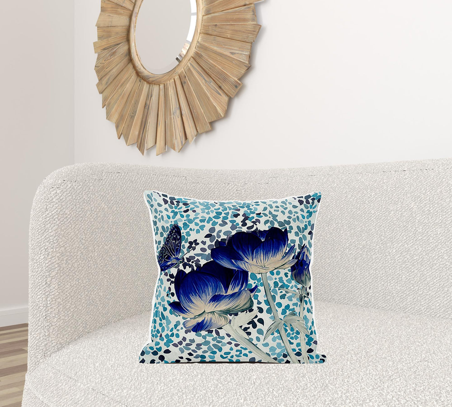 20" X 20" Blue and Off White Butterfly Broadcloth Floral Zippered Pillow