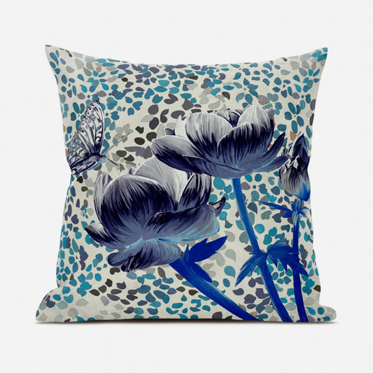 16" X 16" Blue and Gray Butterfly Broadcloth Floral Zippered Pillow