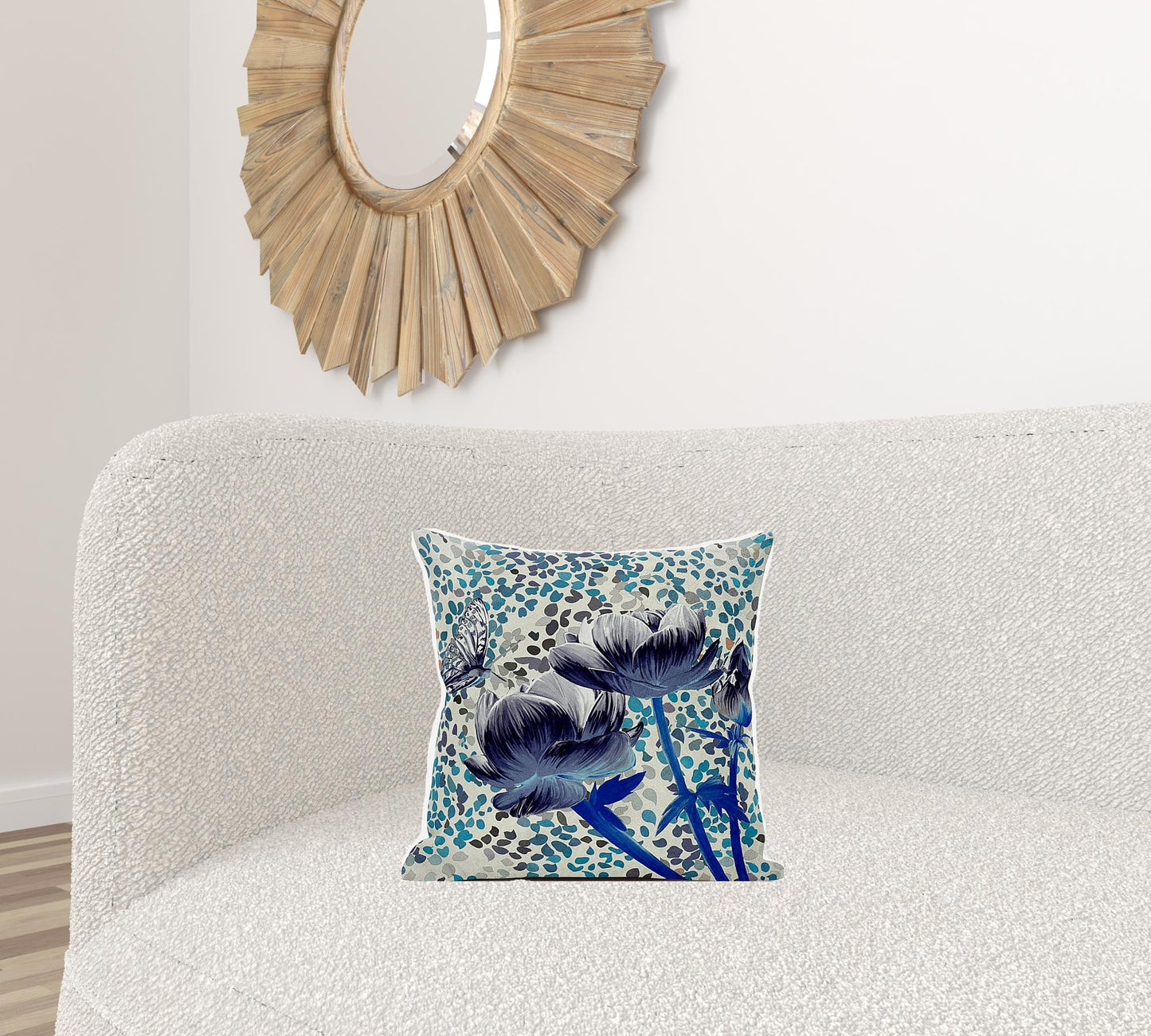 16" X 16" Blue and Gray Butterfly Broadcloth Floral Zippered Pillow