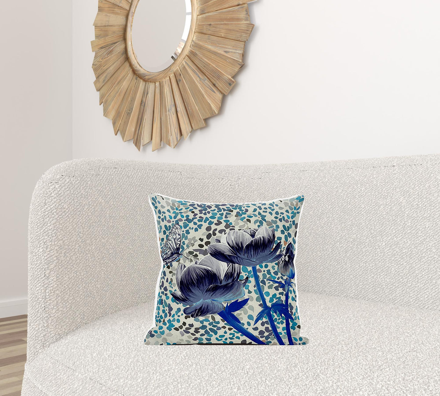 18" X 18" Blue and Gray Butterfly Broadcloth Floral Zippered Pillow
