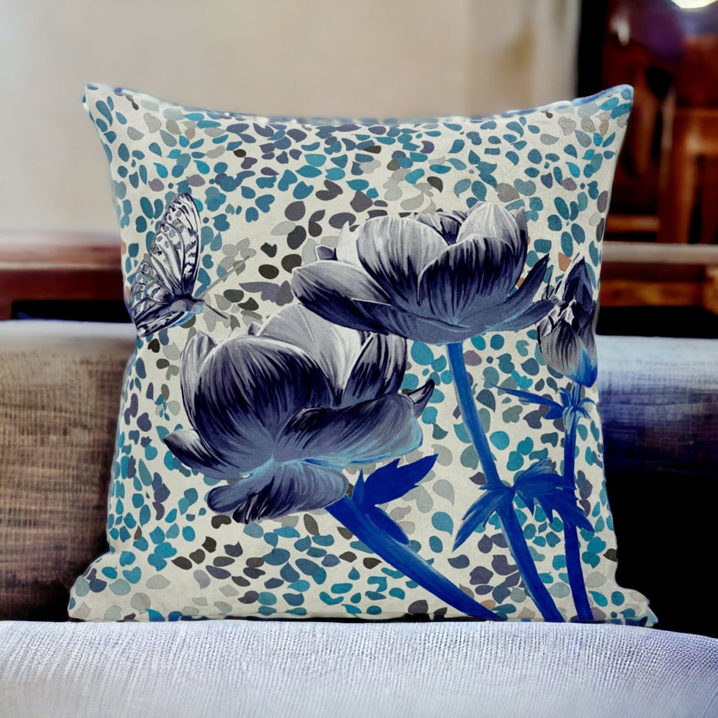 18" X 18" Blue and Gray Butterfly Broadcloth Floral Zippered Pillow