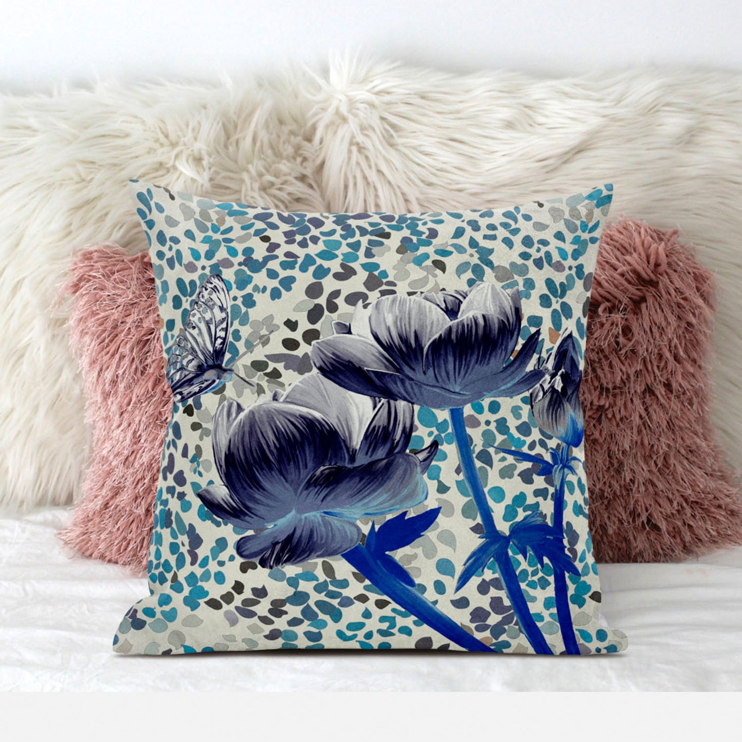 20" X 20" Blue and Gray Butterfly Broadcloth Floral Zippered Pillow