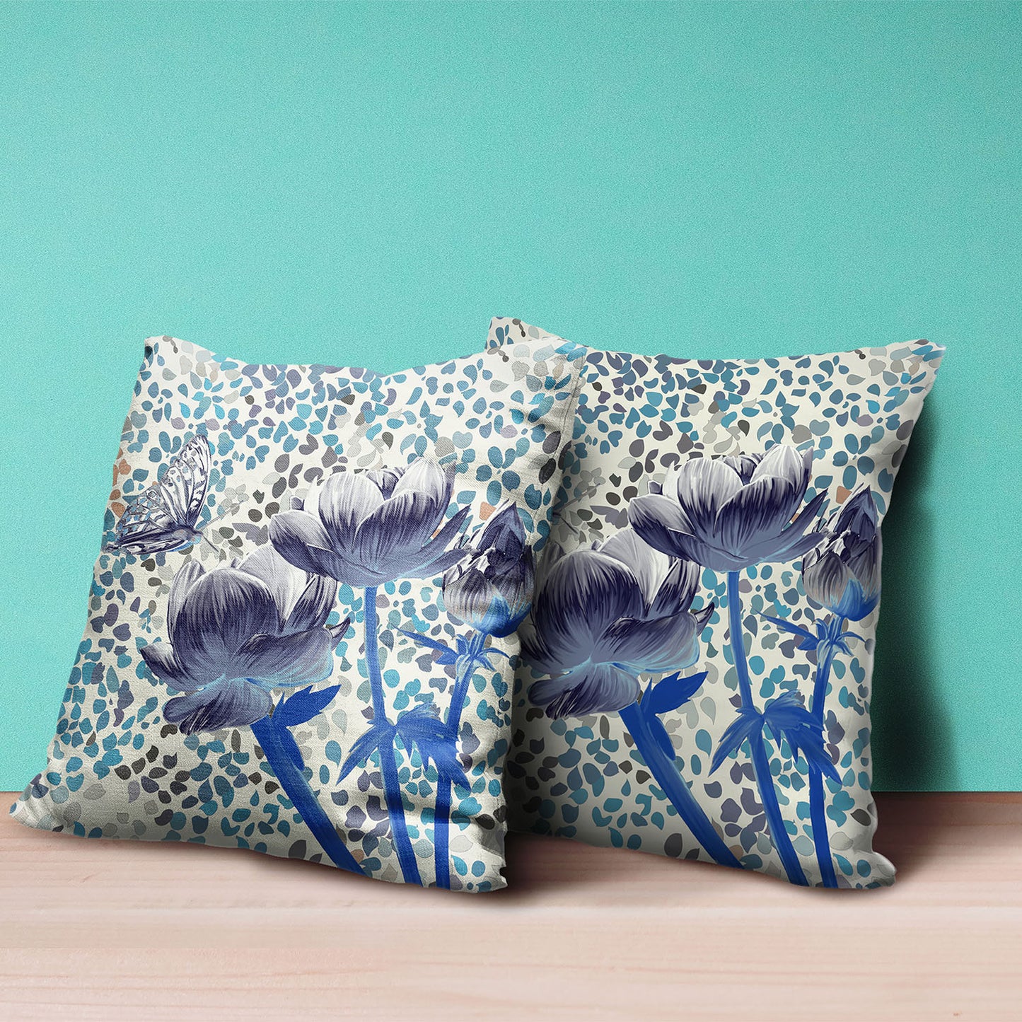 20" X 20" Blue and Gray Butterfly Broadcloth Floral Zippered Pillow