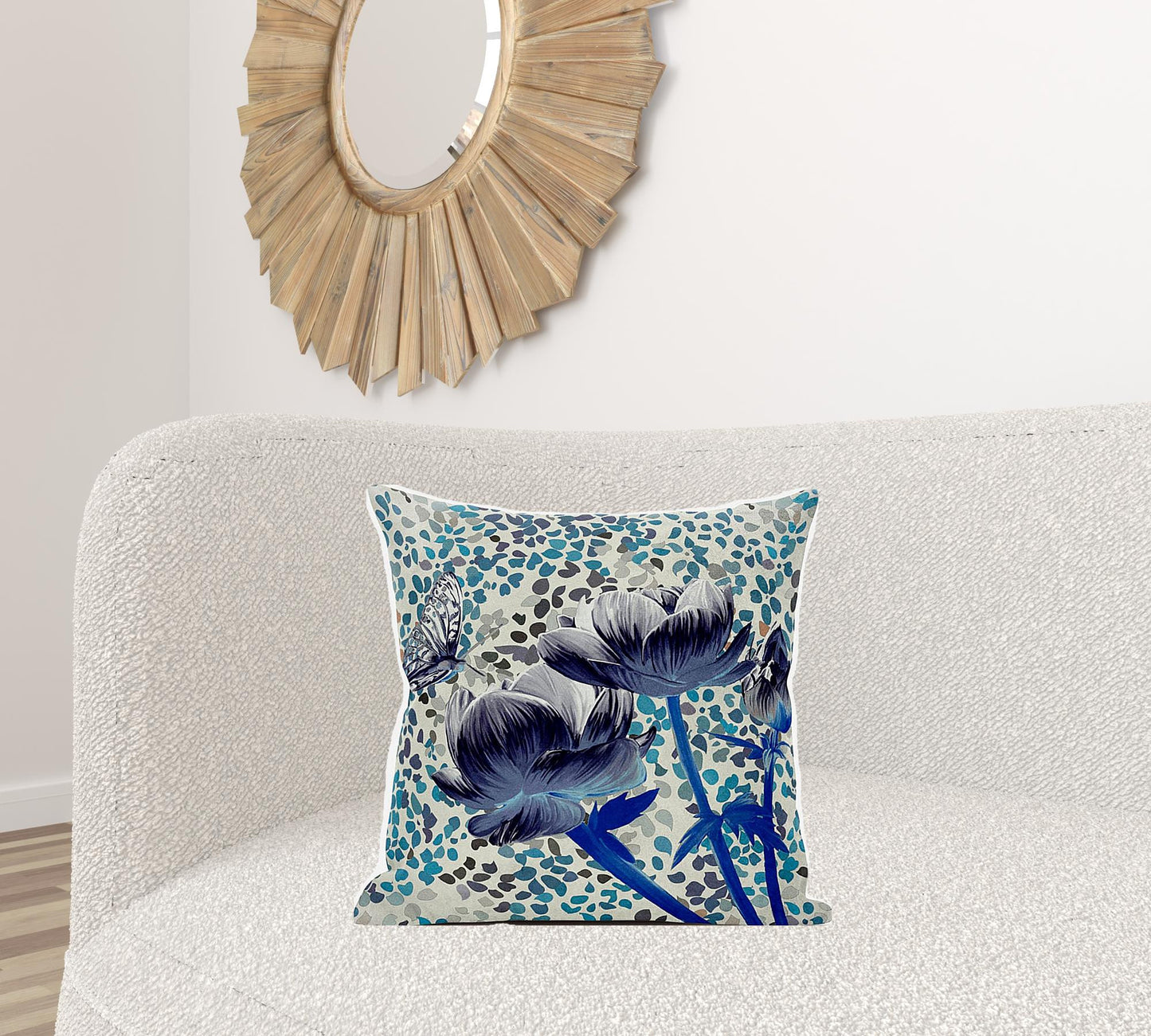 20" X 20" Blue and Gray Butterfly Broadcloth Floral Zippered Pillow