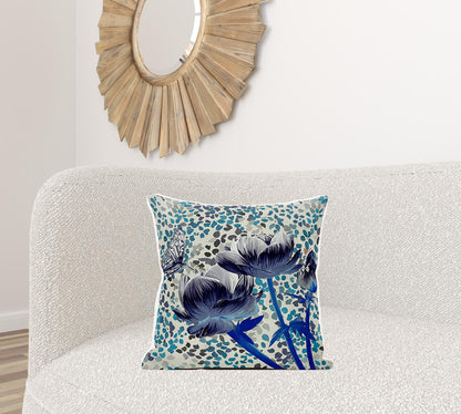 20" X 20" Blue and Gray Butterfly Broadcloth Floral Zippered Pillow