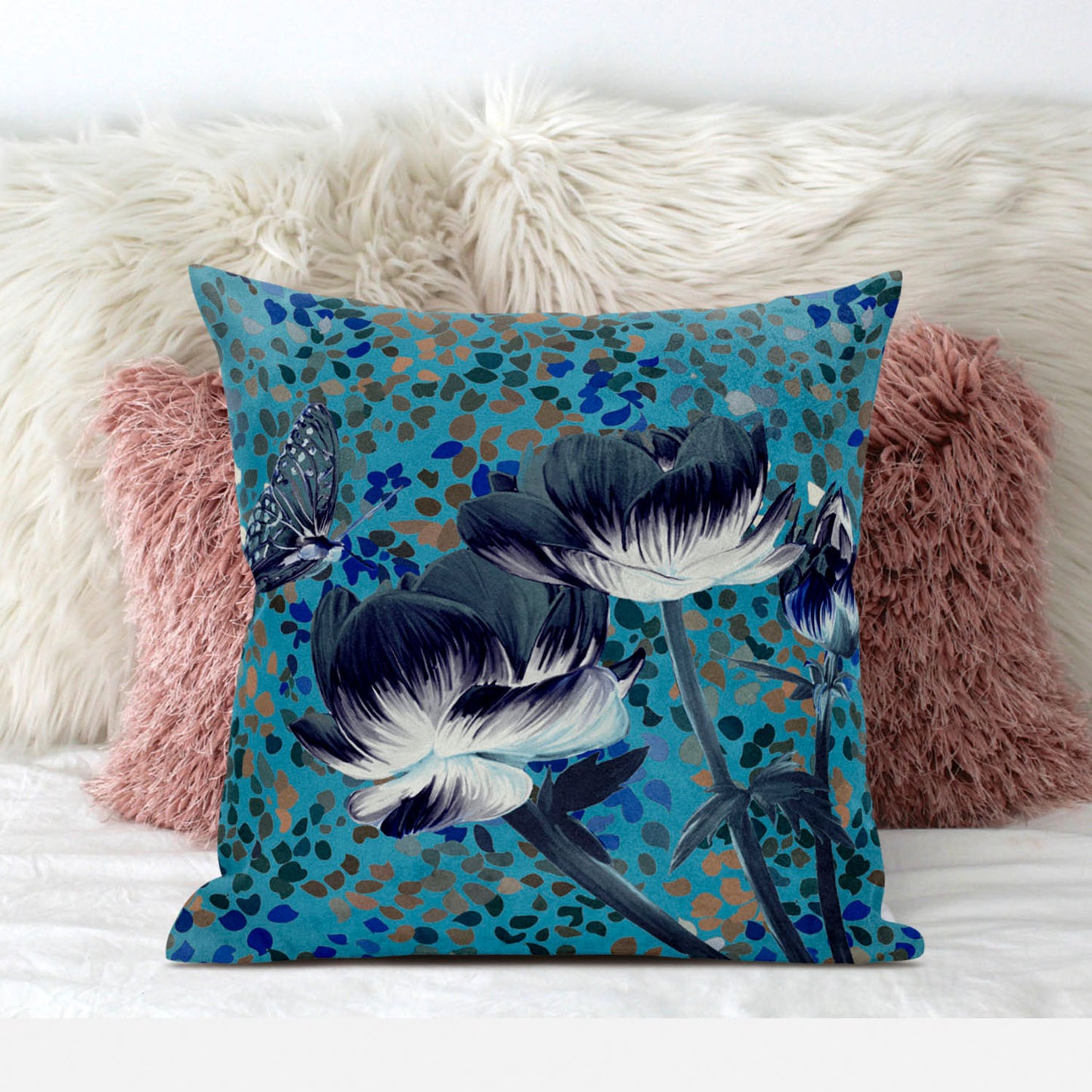 20" X 20" Green and White Butterfly Broadcloth Floral Zippered Pillow