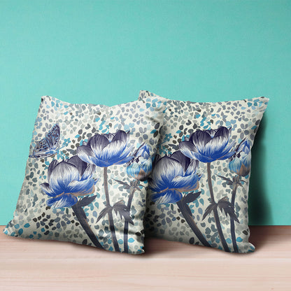 16" X 16" Blue and Green Butterfly Broadcloth Floral Zippered Pillow