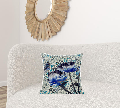 18" X 18" Blue and Green Butterfly Broadcloth Floral Zippered Pillow