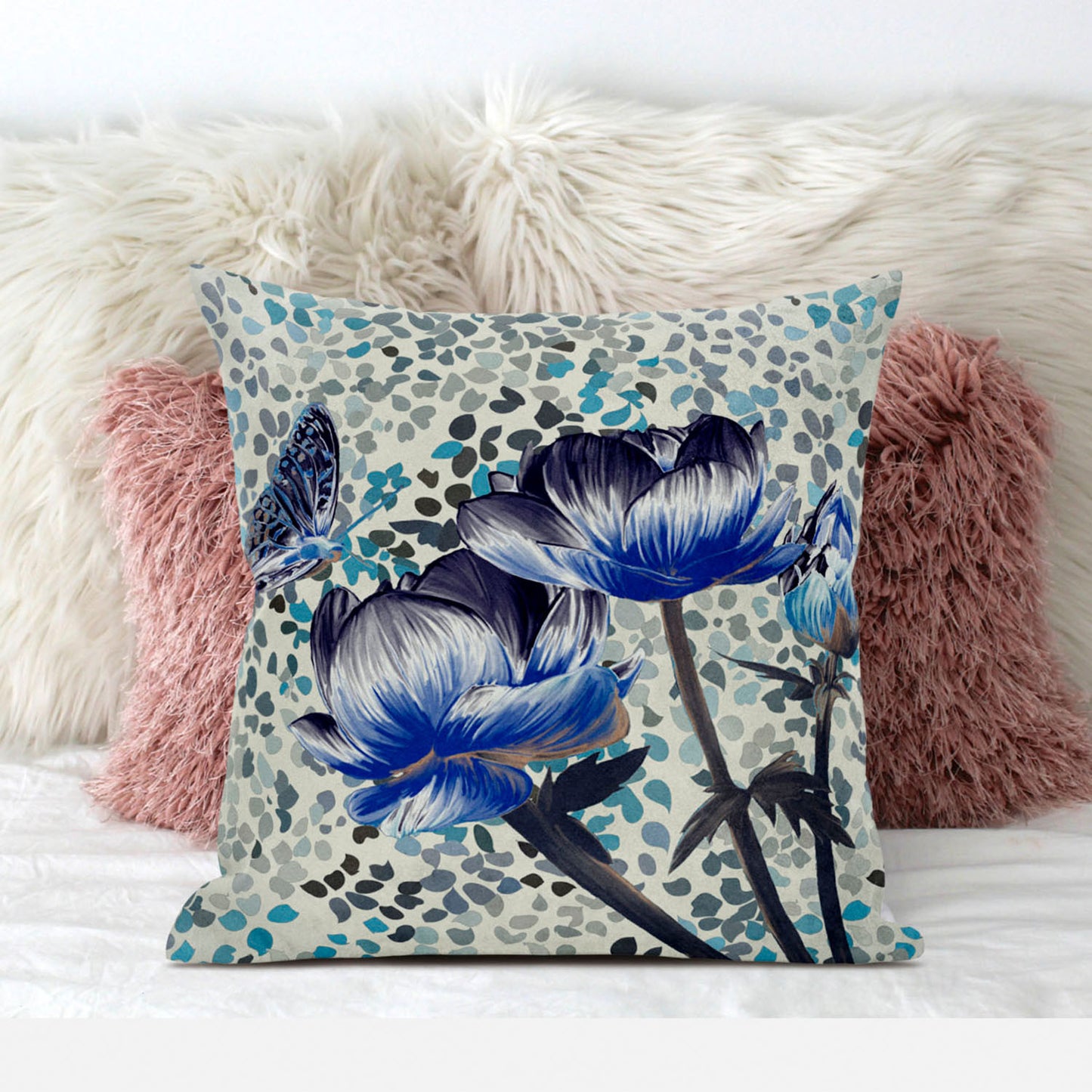 20" X 20" Blue and Green Butterfly Broadcloth Floral Zippered Pillow