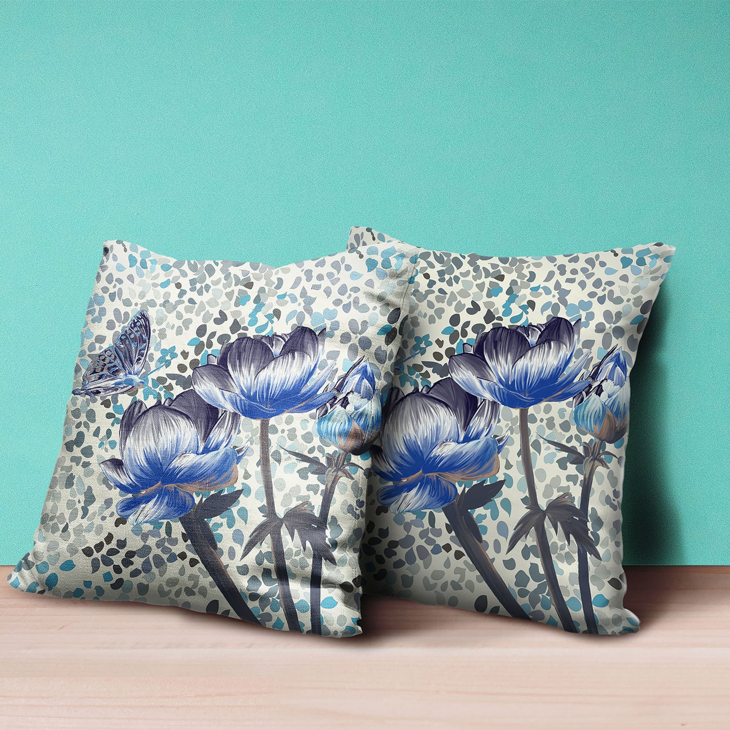 20" X 20" Blue and Green Butterfly Broadcloth Floral Zippered Pillow