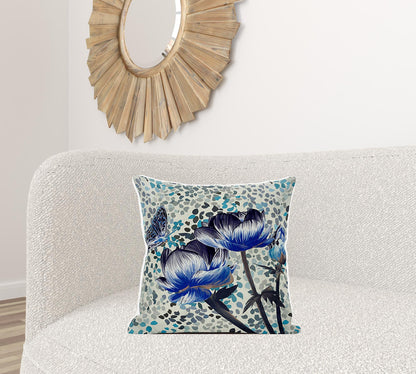 20" X 20" Blue and Green Butterfly Broadcloth Floral Zippered Pillow