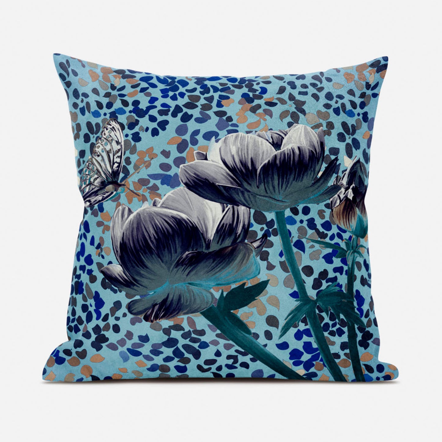 16" X 16" Blue and White Butterfly Broadcloth Floral Zippered Pillow