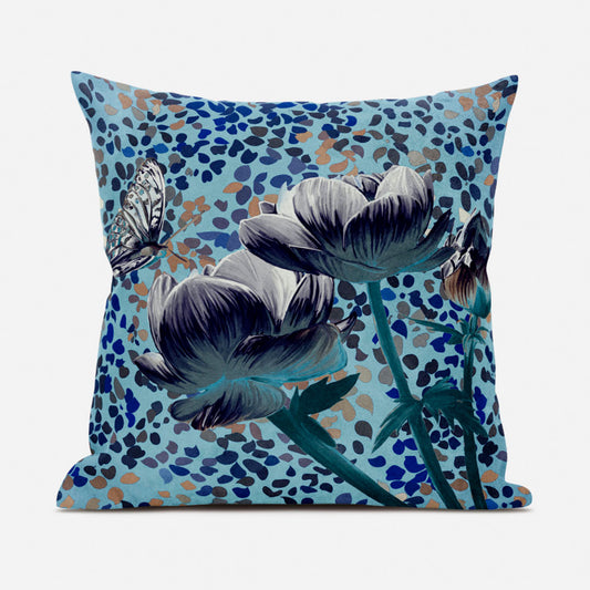 16" X 16" Blue and White Butterfly Broadcloth Floral Zippered Pillow