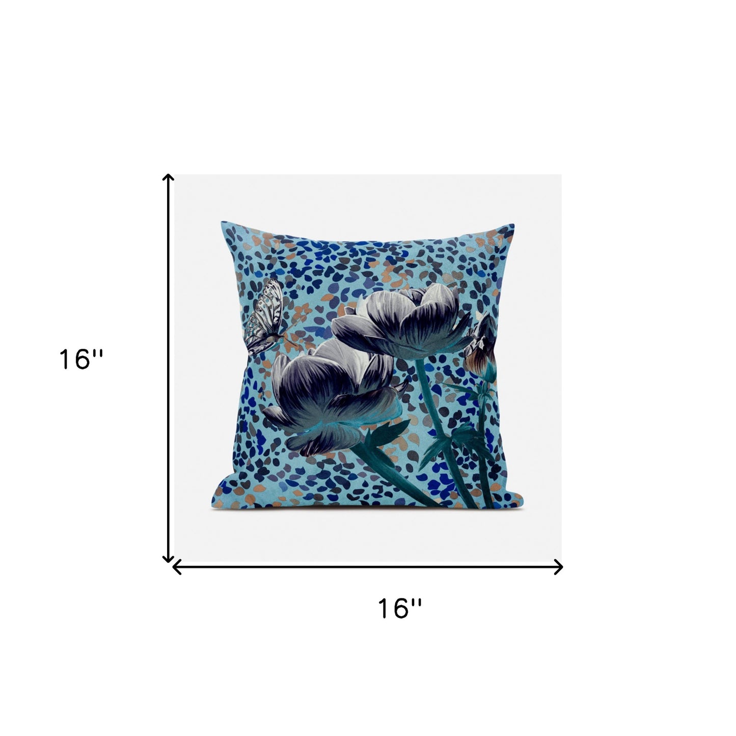 16" X 16" Blue and White Butterfly Broadcloth Floral Zippered Pillow