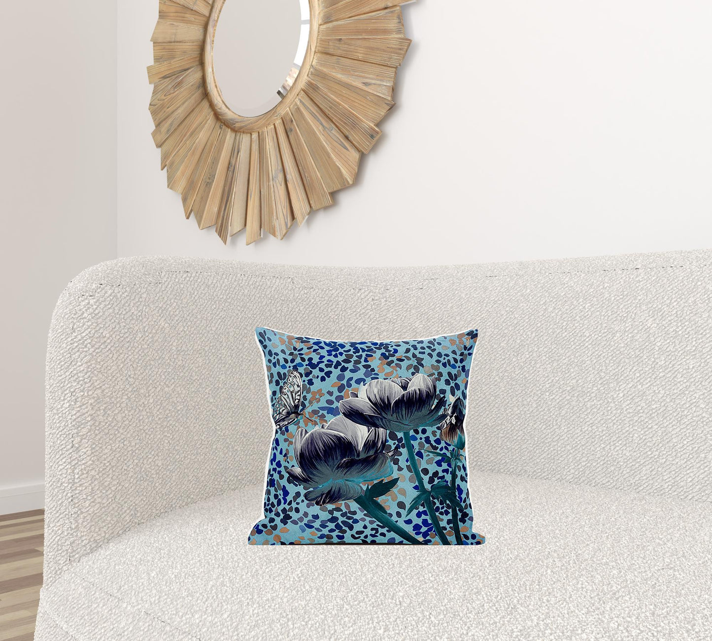 16" X 16" Blue and White Butterfly Broadcloth Floral Zippered Pillow