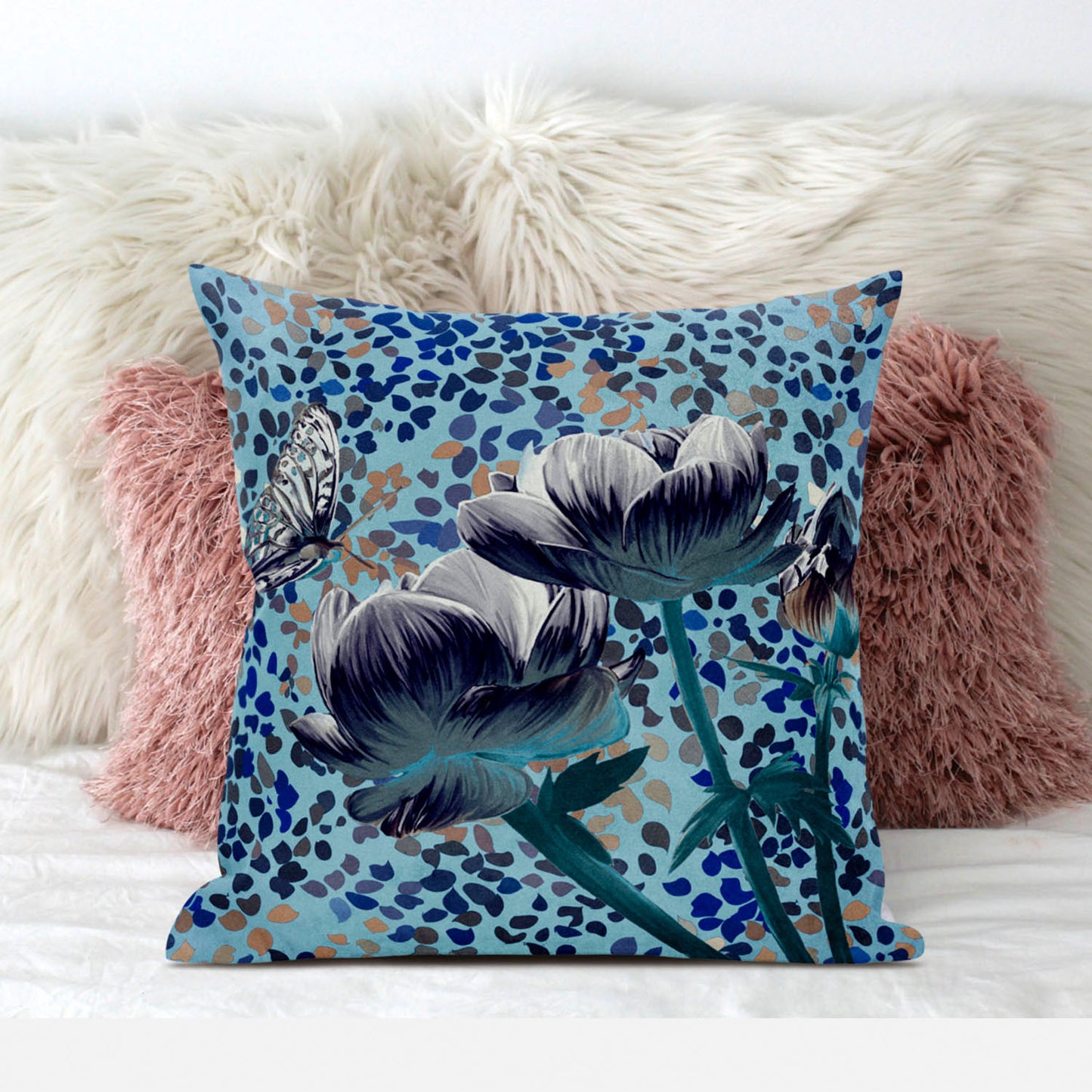 18" X 18" Blue and White Butterfly Broadcloth Floral Zippered Pillow