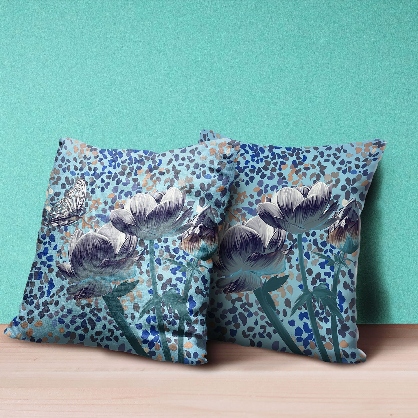 18" X 18" Blue and White Butterfly Broadcloth Floral Zippered Pillow