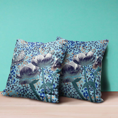 18" X 18" Blue and White Butterfly Broadcloth Floral Zippered Pillow