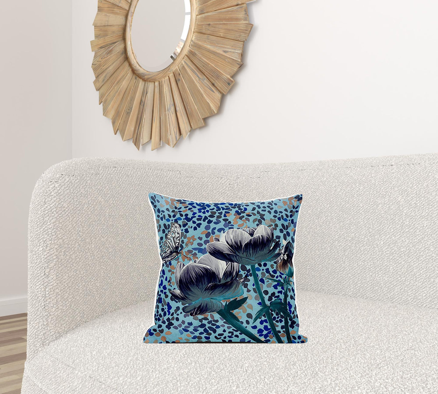 18" X 18" Blue and White Butterfly Broadcloth Floral Zippered Pillow