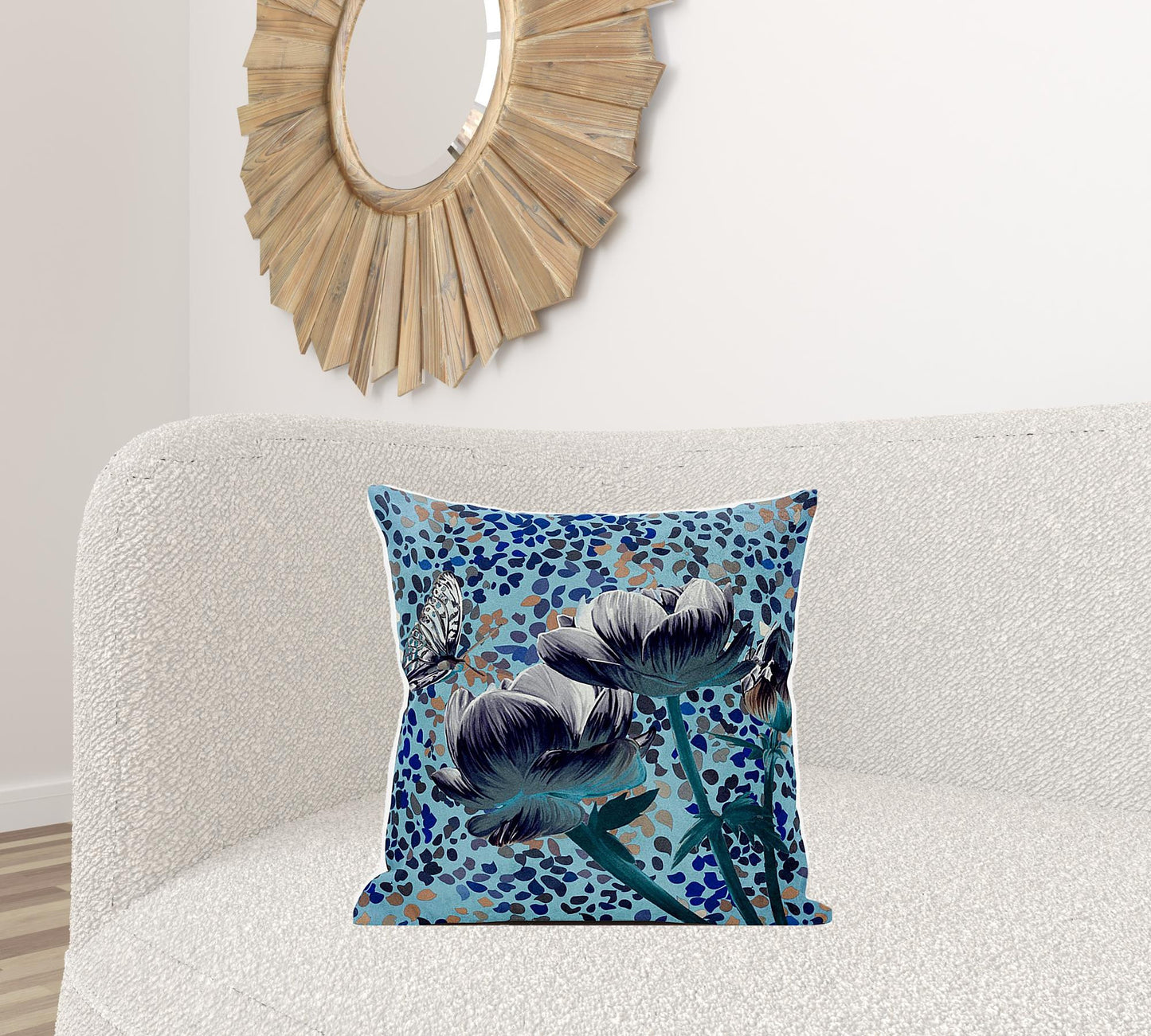 20" X 20" Blue and White Butterfly Broadcloth Floral Zippered Pillow
