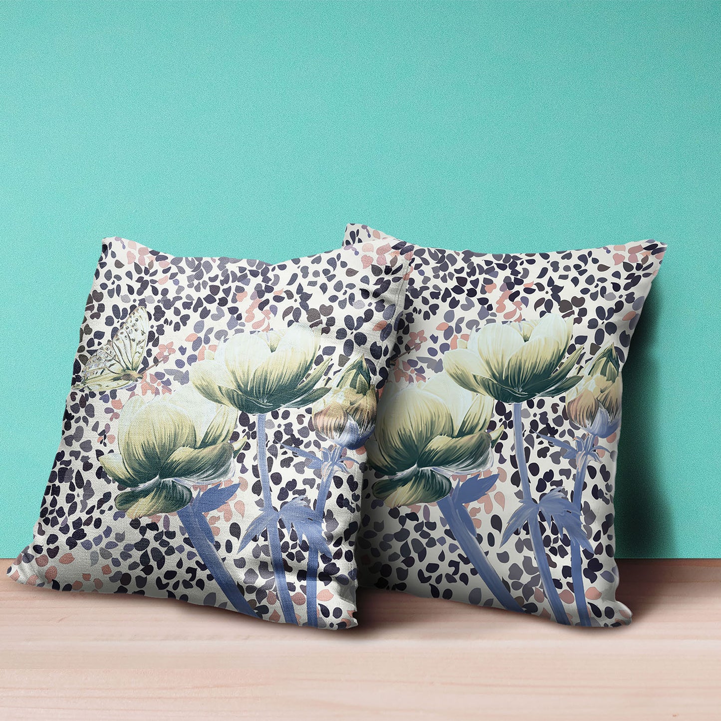 18" X 18" Blue and Black Butterfly Broadcloth Floral Zippered Pillow