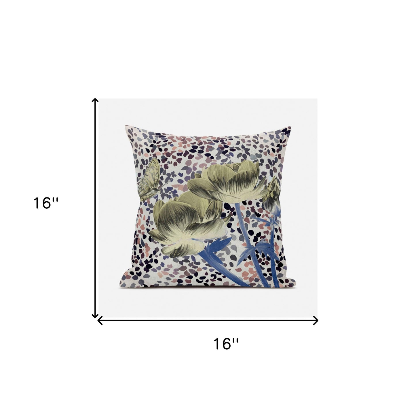 16" X 16" Blue and Yellow Butterfly Broadcloth Floral Zippered Pillow