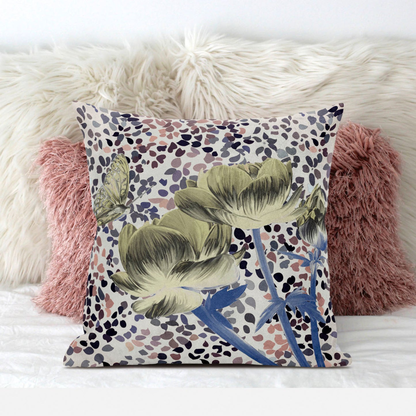 18" X 18" MutedYellow Blue and Peach Floral Suede Zippered Pillow