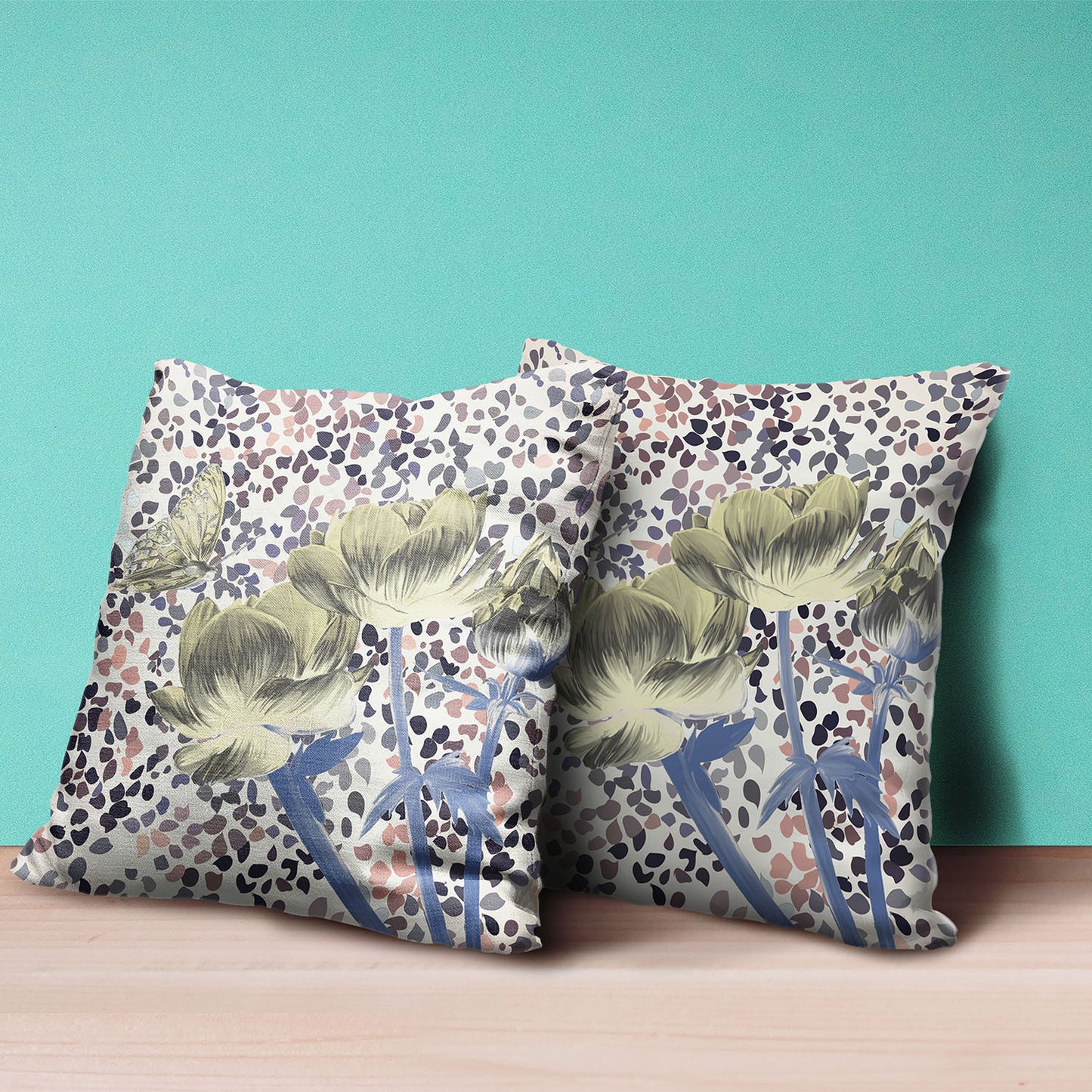 18" X 18" MutedYellow Blue and Peach Floral Suede Zippered Pillow