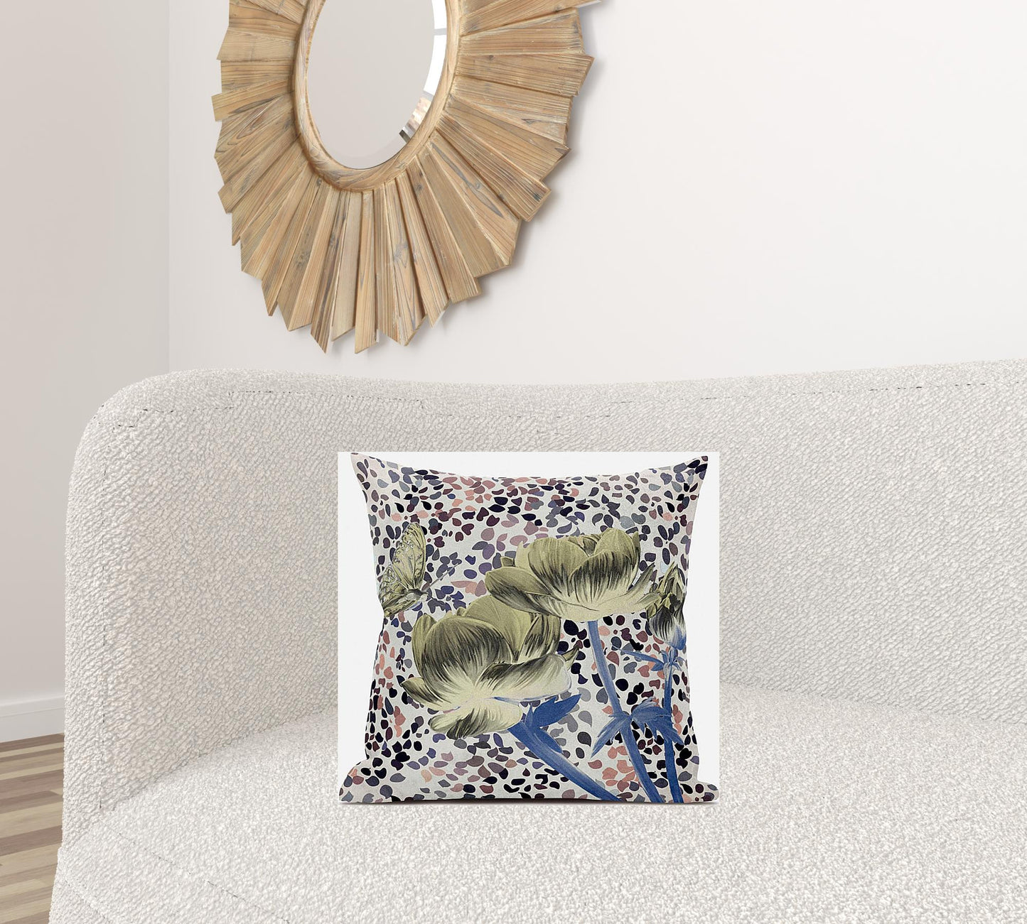 18" X 18" MutedYellow Blue and Peach Floral Suede Zippered Pillow