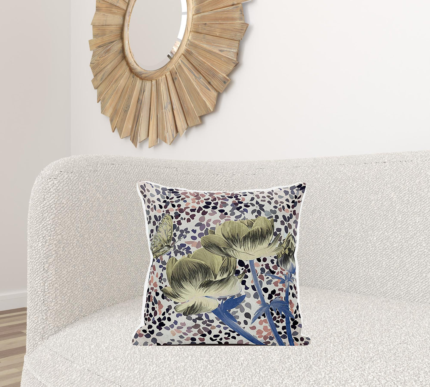 20" X 20" Blue and Yellow Butterfly Broadcloth Floral Zippered Pillow