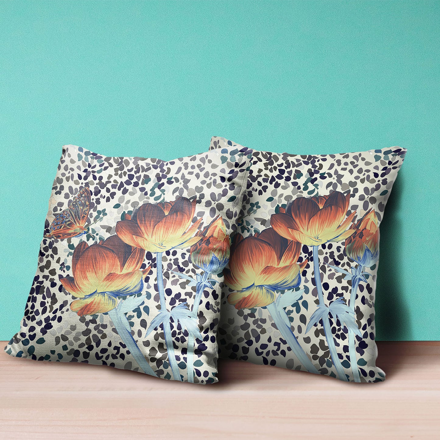 18" X 18" Orange Yellow Butterfly Broadcloth Floral Zippered Pillow