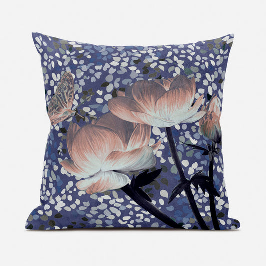 16" X 16" Blue and Gray Butterfly Broadcloth Floral Zippered Pillow