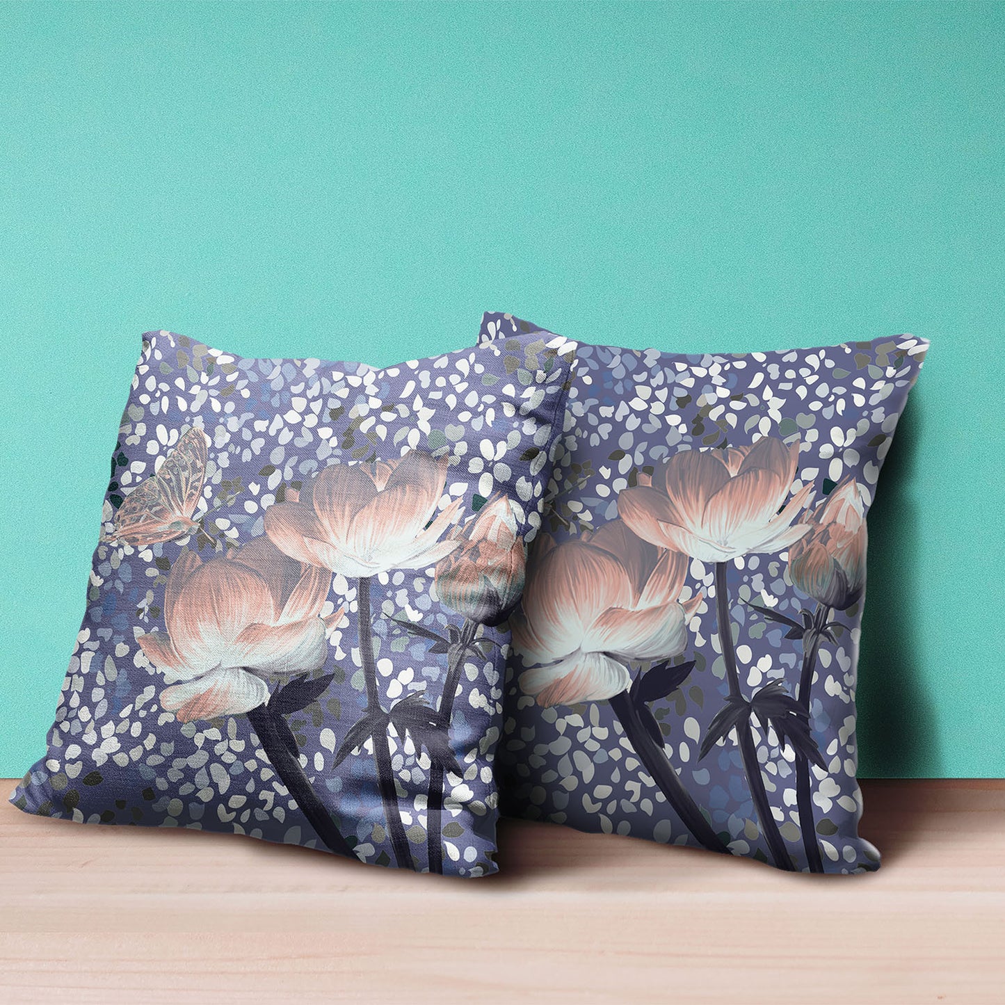 16" X 16" Blue and Gray Butterfly Broadcloth Floral Zippered Pillow