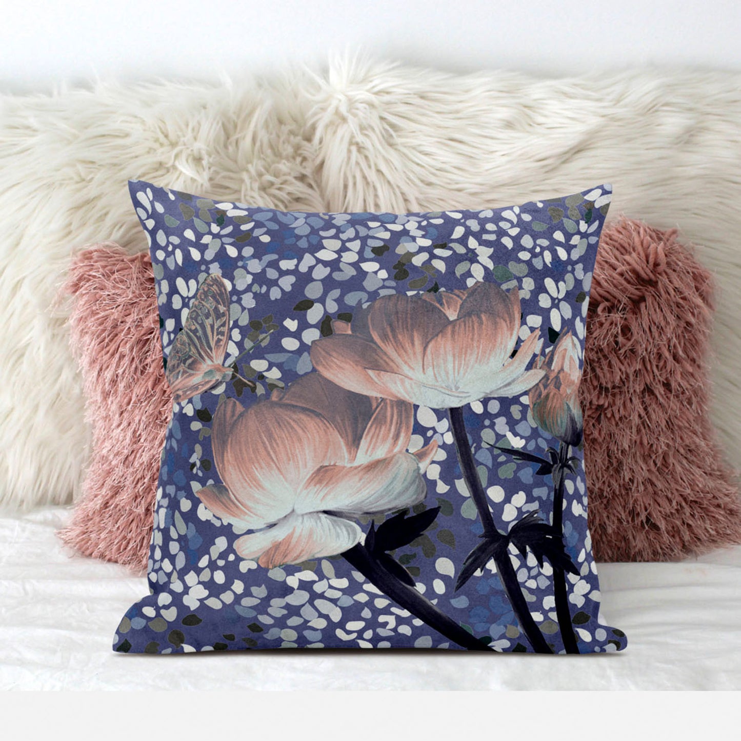 20" X 20" Blue and Gray Butterfly Broadcloth Floral Zippered Pillow
