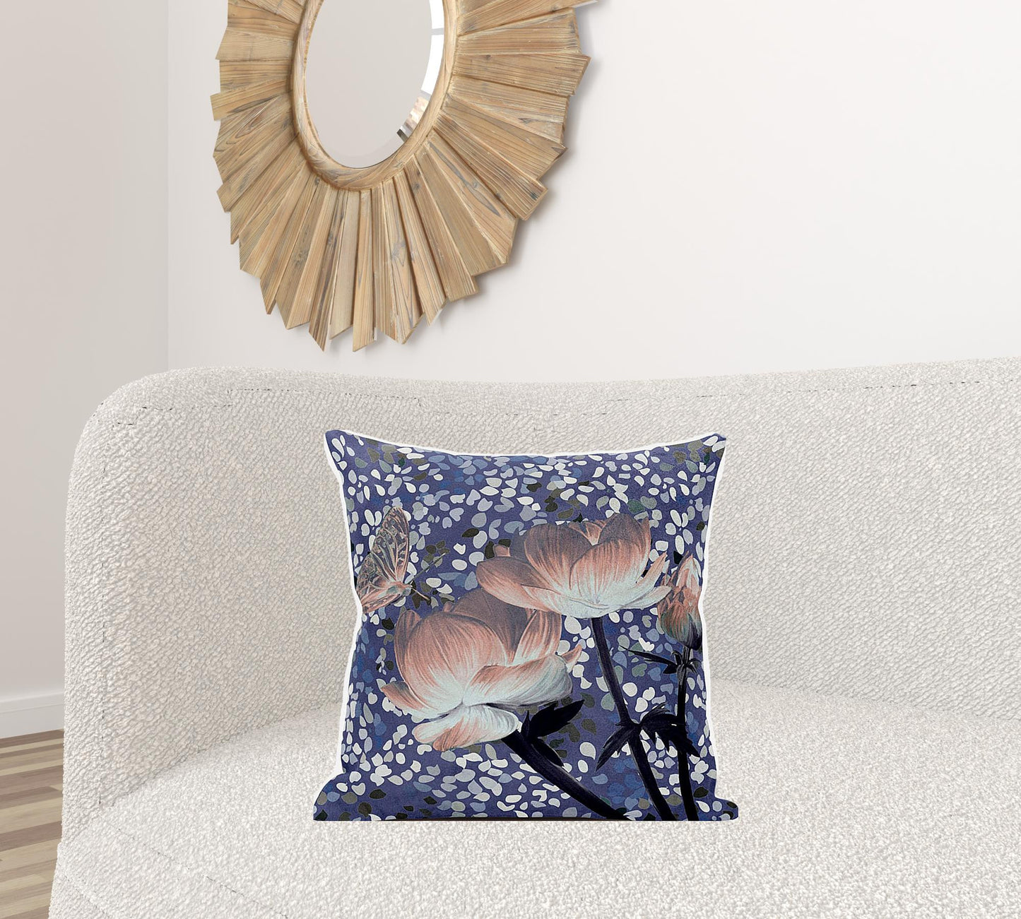 20" X 20" Blue and Gray Butterfly Broadcloth Floral Zippered Pillow