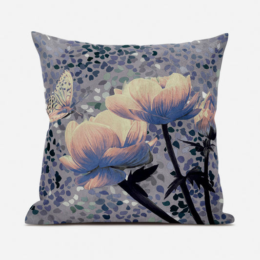 16" X 16" Gray and Yellow Butterfly Broadcloth Floral Zippered Pillow