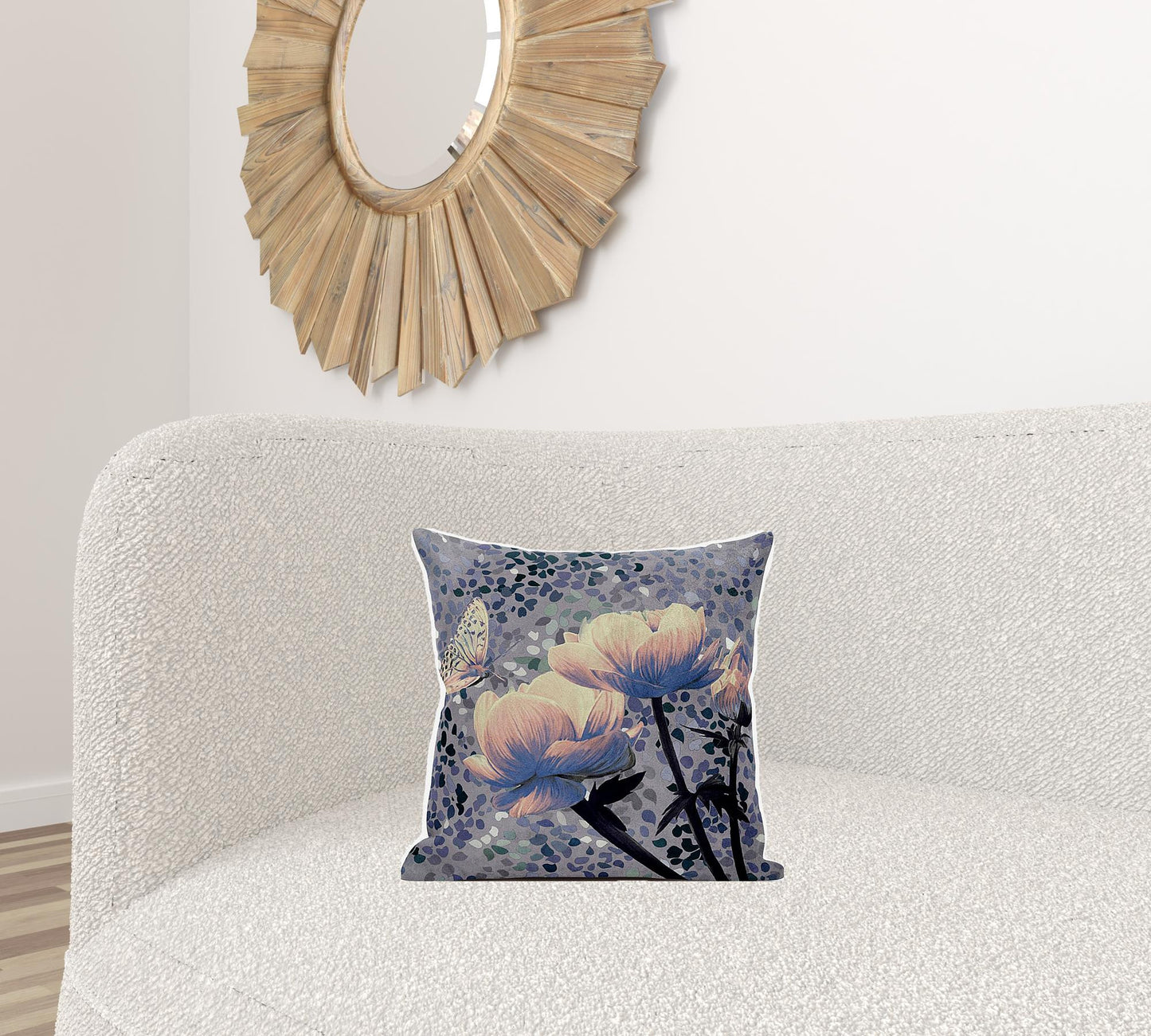 16" X 16" Gray and Yellow Butterfly Broadcloth Floral Zippered Pillow