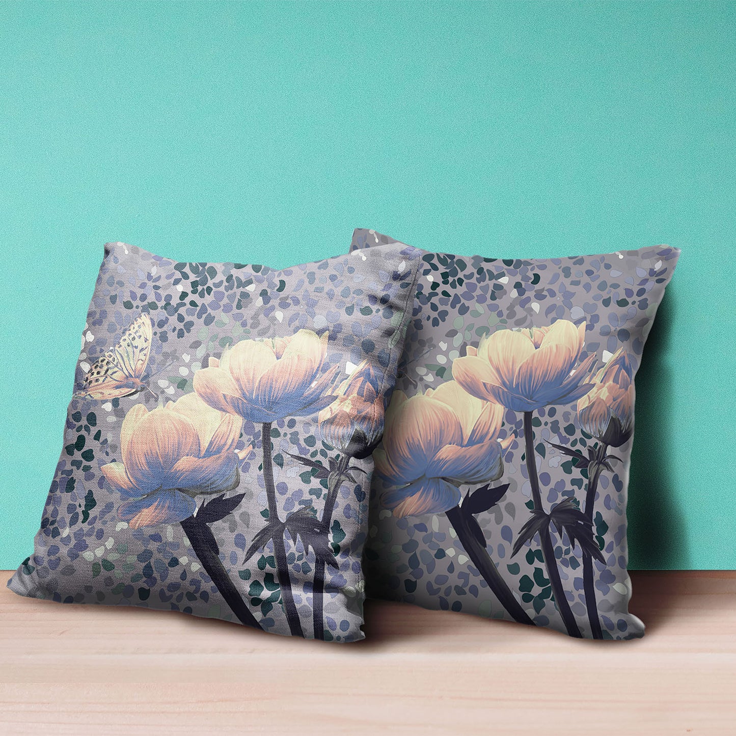18" X 18" Gray and Yellow Butterfly Broadcloth Floral Zippered Pillow