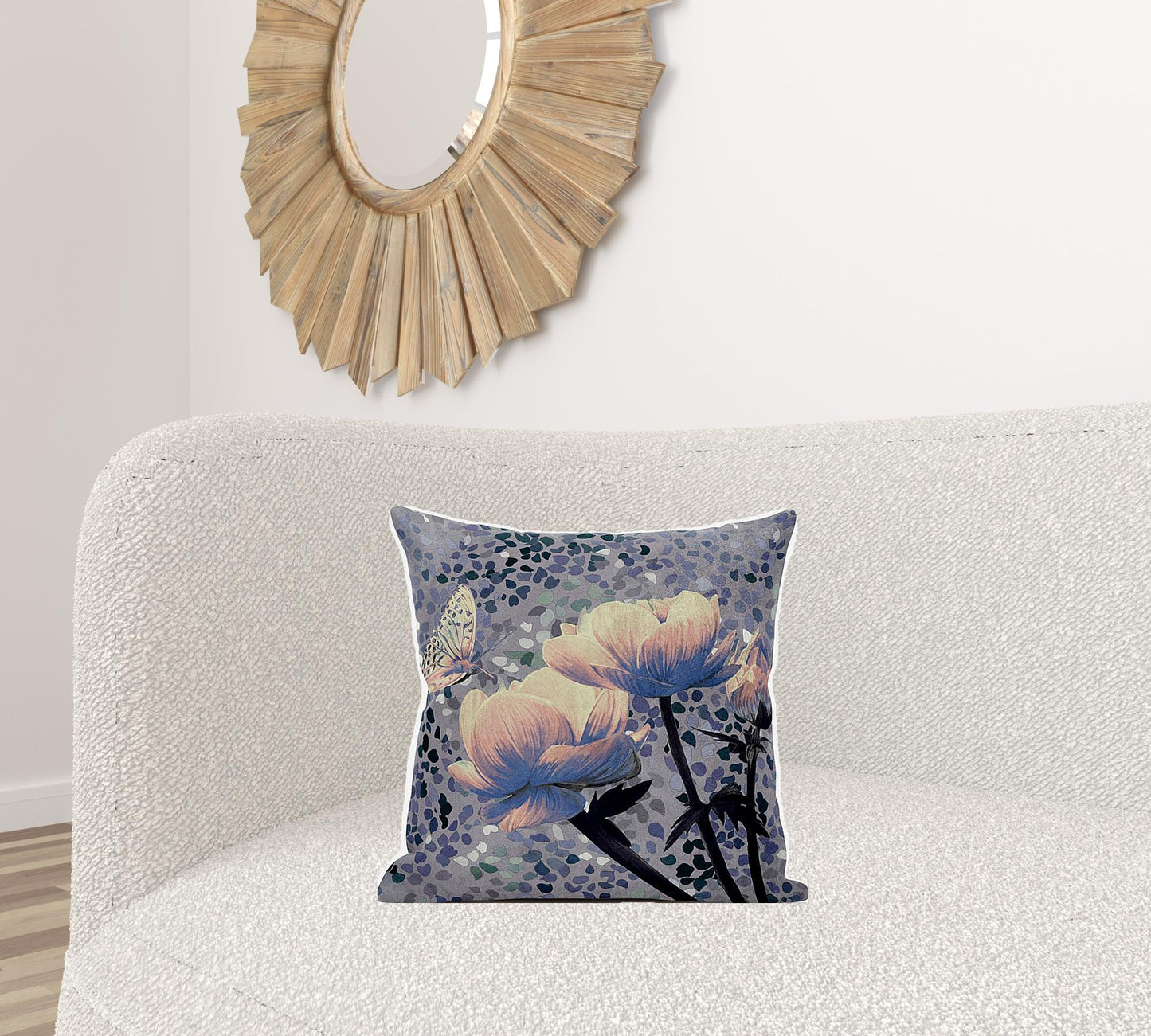18" X 18" Gray and Yellow Butterfly Broadcloth Floral Zippered Pillow