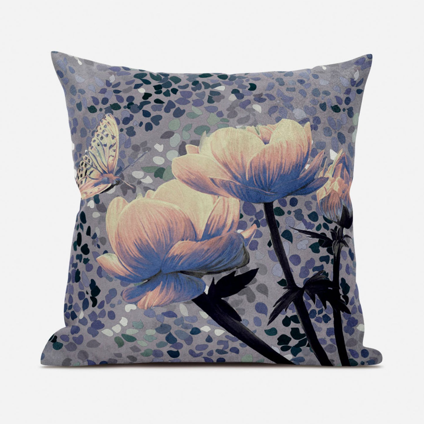 20" X 20" Gray and Yellow Butterfly Broadcloth Floral Zippered Pillow